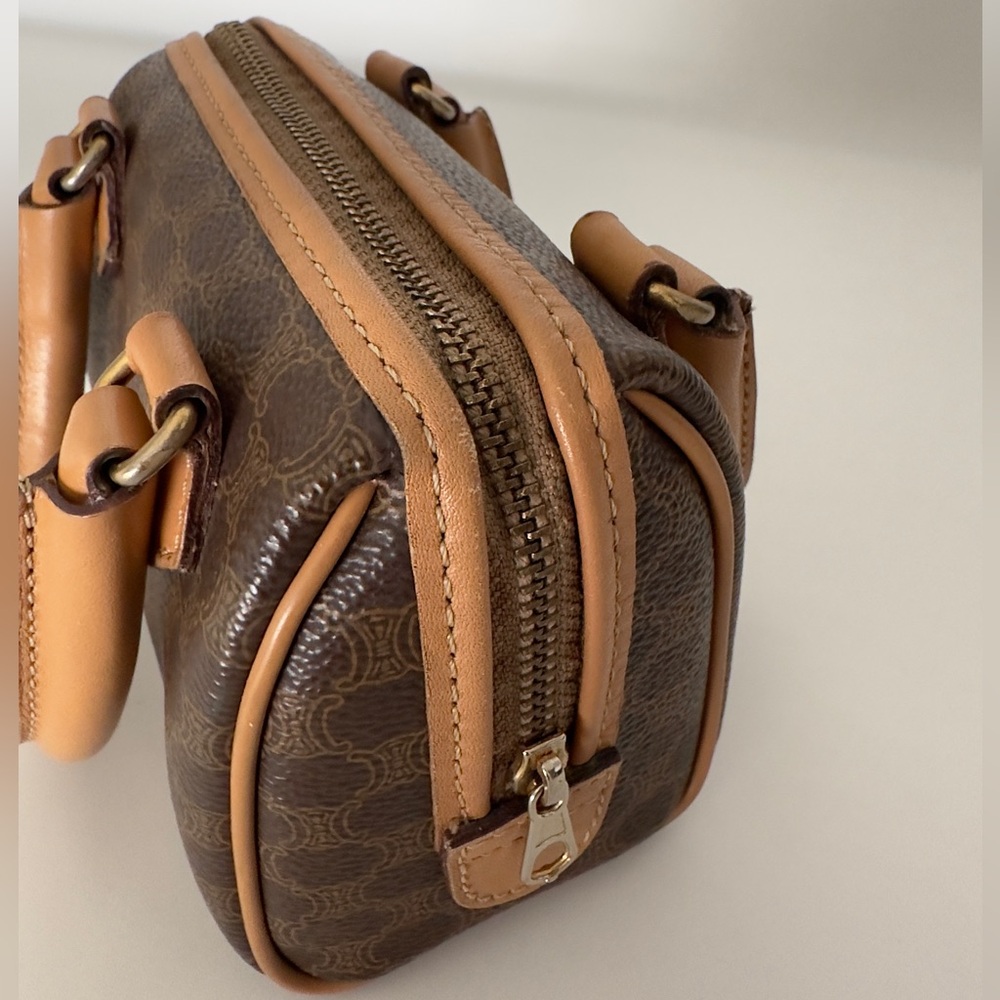 ✨CELINE Vintage Macadam Triomphe Canvas Leather Micro Mini Boston Handbag Brown - Picture 13 of 17
